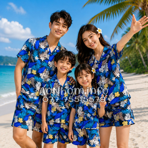 Bộ Áo Quần Nhóm Đi Biển Họa Tiết Hoa Vàng Lá Xanh Tropical