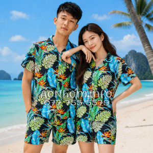 Bộ Áo Quần Nhóm Đi Biển Hoa Thiên Điểu Lá Trầu Bà Lá Xẻ Tropical