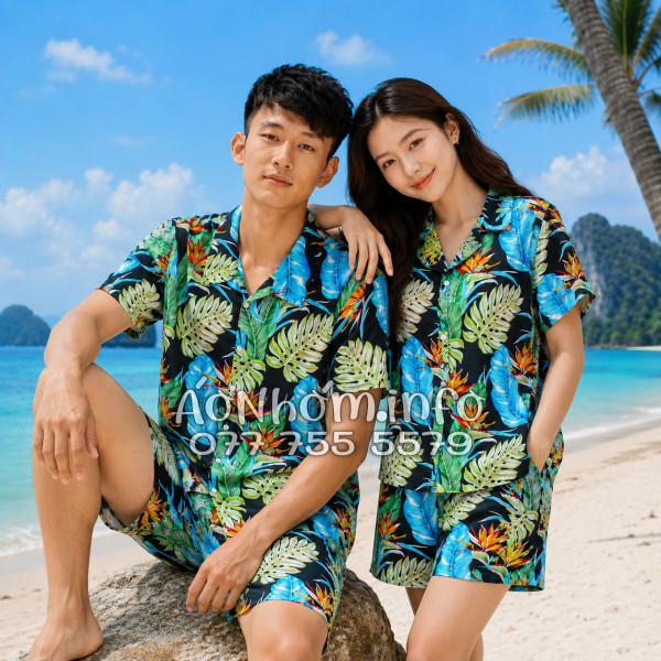 Bộ Áo Quần Nhóm Đi Biển Hoa Thiên Điểu Lá Trầu Bà Lá Xẻ Tropical