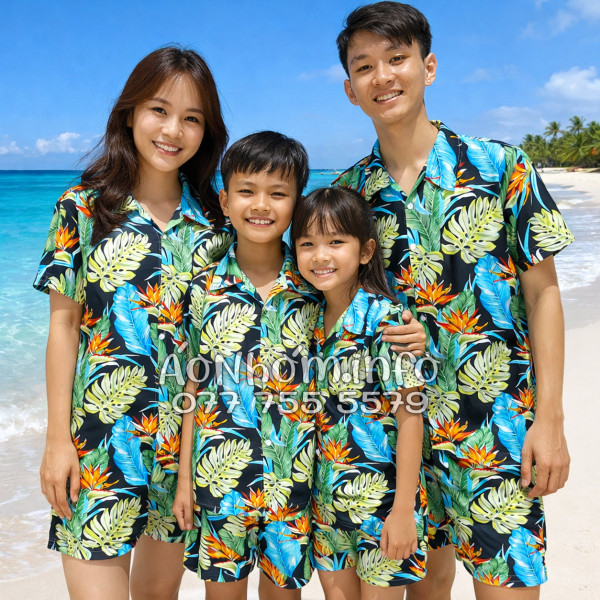Bộ Áo Quần Nhóm Đi Biển Hoa Thiên Điểu Lá Trầu Bà Lá Xẻ Tropical