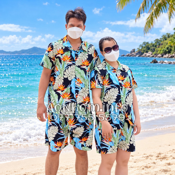 Bộ Áo Quần Nhóm Đi Biển Hoa Thiên Điểu Lá Trầu Bà Lá Xẻ Tropical