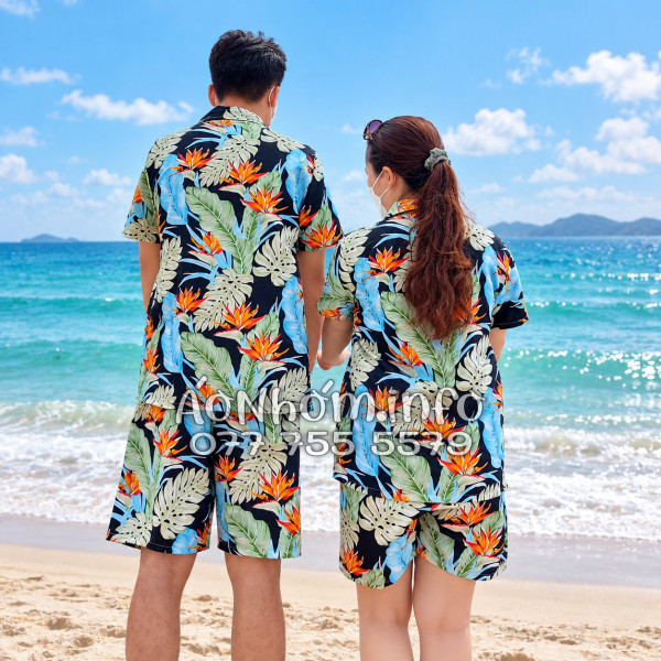 Bộ Áo Quần Nhóm Đi Biển Hoa Thiên Điểu Lá Trầu Bà Lá Xẻ Tropical