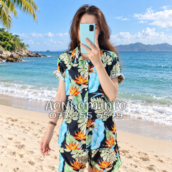 Bộ Áo Quần Nhóm Đi Biển Hoa Thiên Điểu Lá Trầu Bà Lá Xẻ Tropical