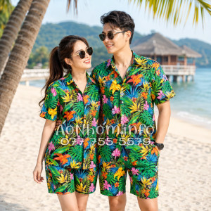 Bộ Áo Quần Nhóm Đi Biển Họa Tiết Hoa Loa Kèn Tropical