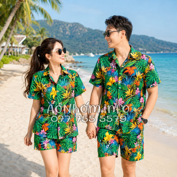 Bộ Áo Quần Nhóm Đi Biển Họa Tiết Hoa Loa Kèn Tropical