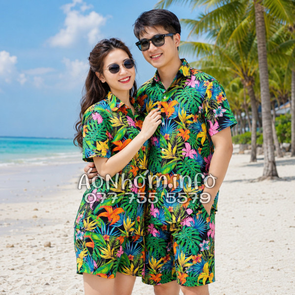 Bộ Áo Quần Nhóm Đi Biển Họa Tiết Hoa Loa Kèn Tropical