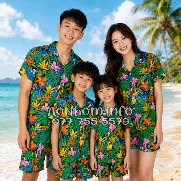 Bộ Áo Quần Nhóm Đi Biển Họa Tiết Hoa Loa Kèn Tropical
