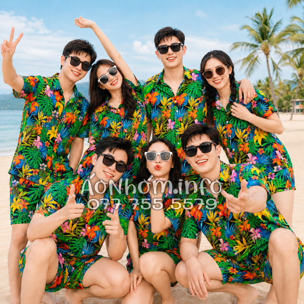 Bộ Áo Quần Nhóm Đi Biển Họa Tiết Hoa Loa Kèn Tropical
