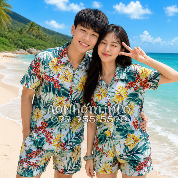 Bộ Áo Quần Nhóm Đi Biển Họa Tiết Bông Hoa Dăm Bụt Tropical