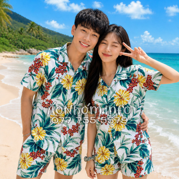Bộ Áo Quần Nhóm Đi Biển Họa Tiết Bông Hoa Dăm Bụt Tropical