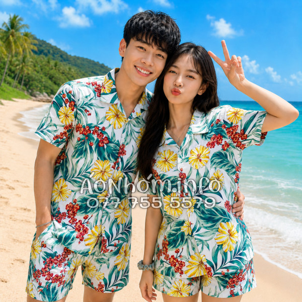 Bộ Áo Quần Nhóm Đi Biển Họa Tiết Bông Hoa Dăm Bụt Tropical