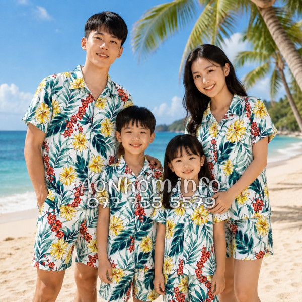 Bộ Áo Quần Nhóm Đi Biển Họa Tiết Bông Hoa Dăm Bụt Tropical