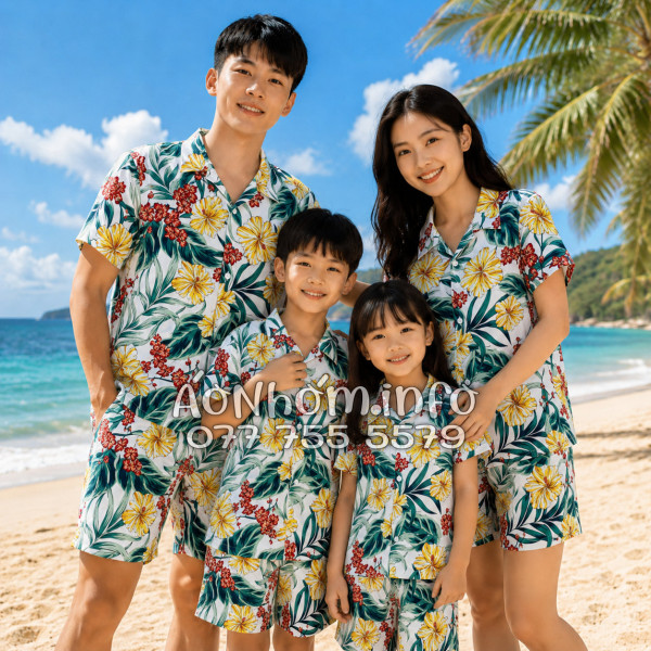 Bộ Áo Quần Nhóm Đi Biển Họa Tiết Bông Hoa Dăm Bụt Tropical