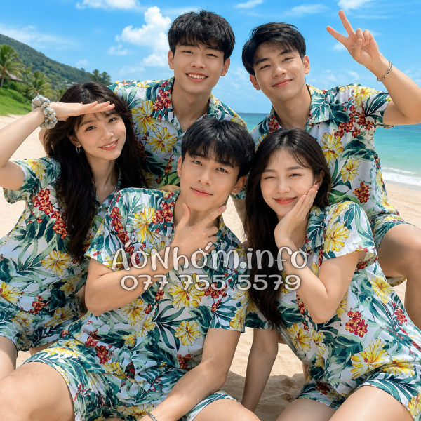 Bộ Áo Quần Nhóm Đi Biển Họa Tiết Bông Hoa Dăm Bụt Tropical