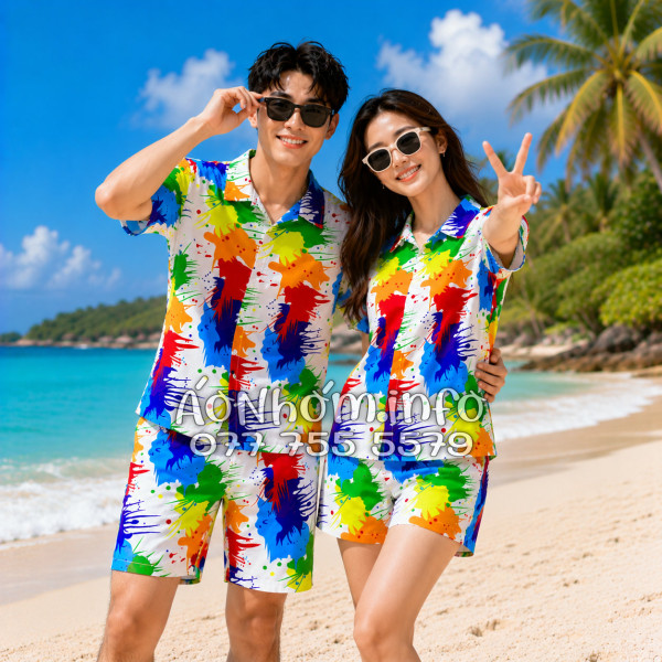 Bộ Áo Quần Nhóm Đi Biển Họa Tiết Loan Sơn Tropical