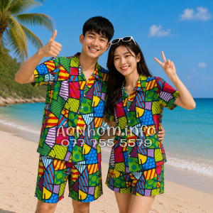 Bộ Áo Quần Nhóm Đi Biển Họa Tiết Caro Nhiều Màu Tropical