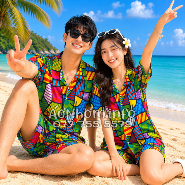 Bộ Áo Quần Nhóm Đi Biển Họa Tiết Caro Nhiều Màu Tropical