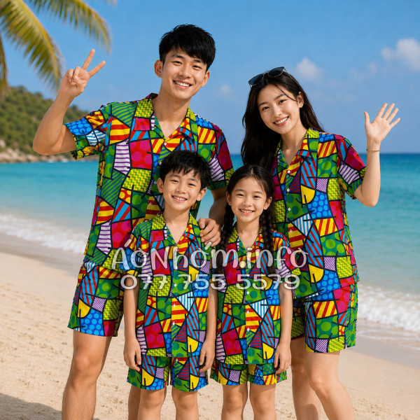 Bộ Áo Quần Nhóm Đi Biển Họa Tiết Caro Nhiều Màu Tropical