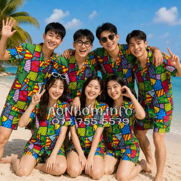Bộ Áo Quần Nhóm Đi Biển Họa Tiết Caro Nhiều Màu Tropical