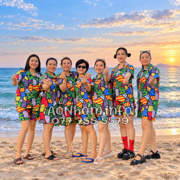 Bộ Áo Quần Nhóm Đi Biển Họa Tiết Caro Nhiều Màu Tropical