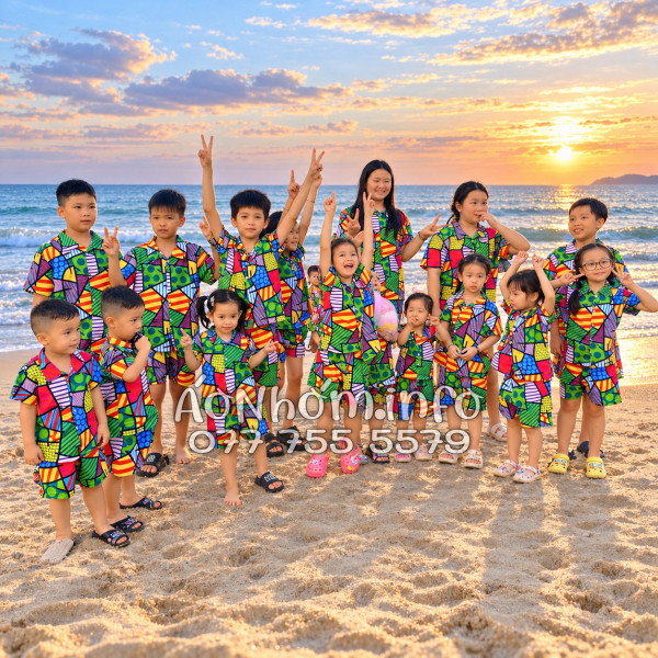 Bộ Áo Quần Nhóm Đi Biển Họa Tiết Caro Nhiều Màu Tropical