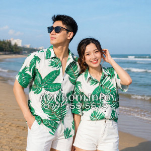 Áo Nhóm Đi Biển Vải Đũi Họa Tiết Lá Xanh Tropical Nam Nữ - ATD021