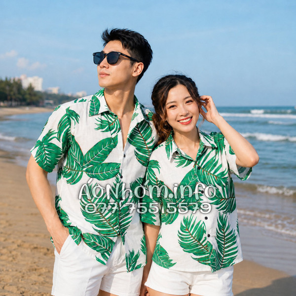Áo Nhóm Đi Biển Vải Đũi Họa Tiết Lá Xanh Tropical Nam Nữ - ATD021