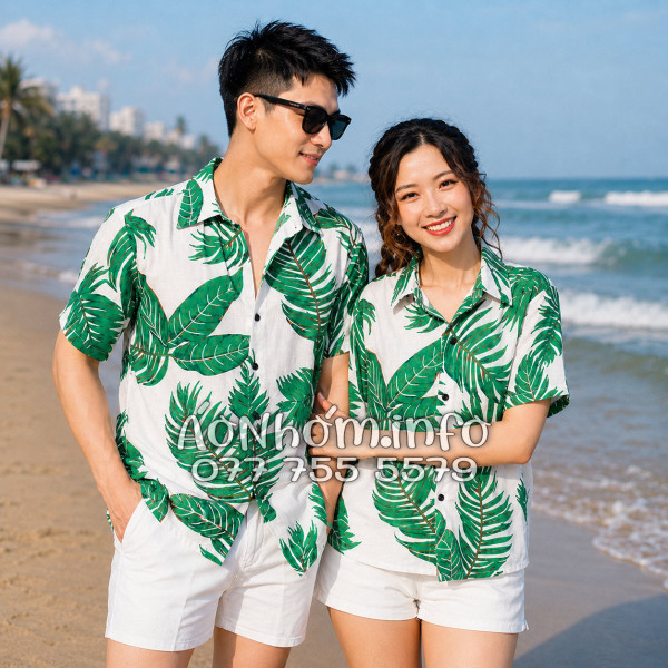 Áo Nhóm Đi Biển Vải Đũi Họa Tiết Lá Xanh Tropical Nam Nữ - ATD021