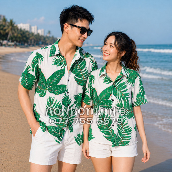 Áo Nhóm Đi Biển Vải Đũi Họa Tiết Lá Xanh Tropical Nam Nữ - ATD021