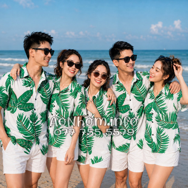 Áo Nhóm Đi Biển Vải Đũi Họa Tiết Lá Xanh Tropical Nam Nữ - ATD021