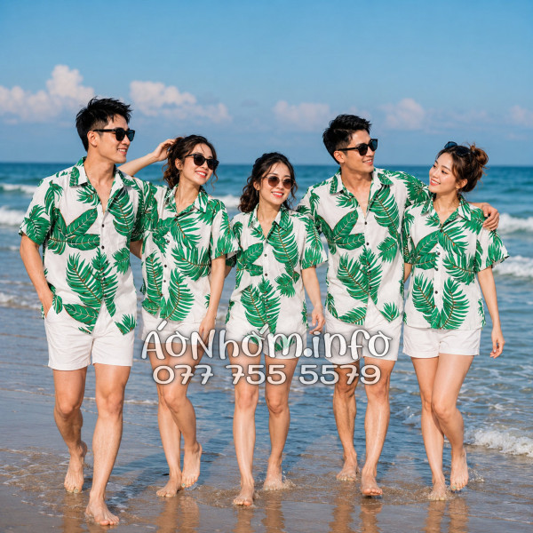 Áo Nhóm Đi Biển Vải Đũi Họa Tiết Lá Xanh Tropical Nam Nữ - ATD021