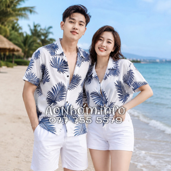 Áo Nhóm Đi Biển Vải Đũi Họa Tiết Lá Cọ Xanh Navy - ATD024