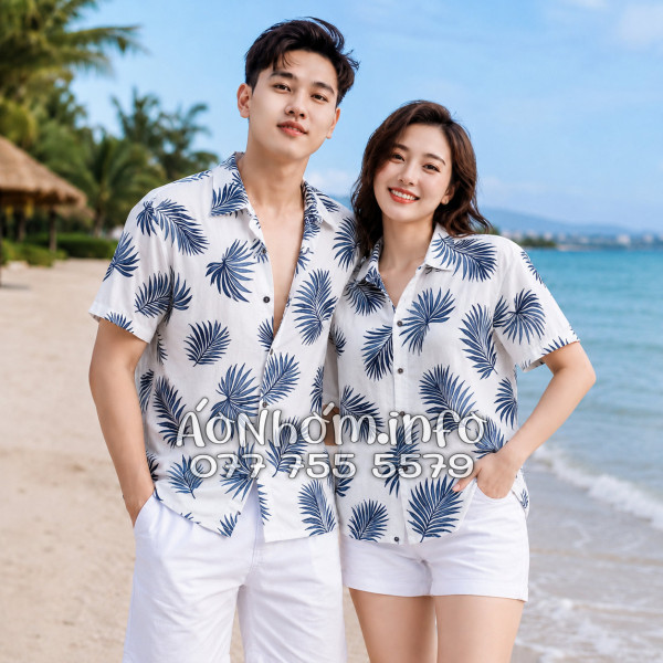 Áo Nhóm Đi Biển Vải Đũi Họa Tiết Lá Cọ Xanh Navy - ATD024