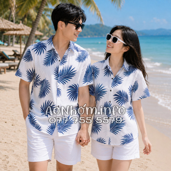 Áo Nhóm Đi Biển Vải Đũi Họa Tiết Lá Cọ Xanh Navy - ATD024
