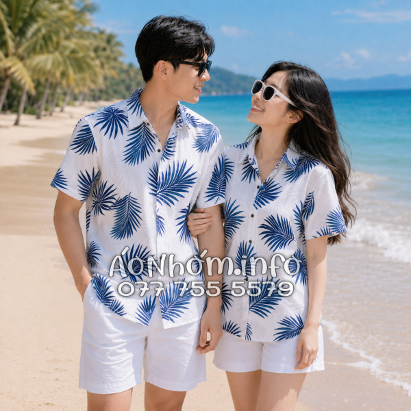 Áo Nhóm Đi Biển Vải Đũi Họa Tiết Lá Cọ Xanh Navy - ATD024