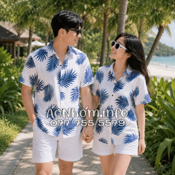 Áo Nhóm Đi Biển Vải Đũi Họa Tiết Lá Cọ Xanh Navy - ATD024