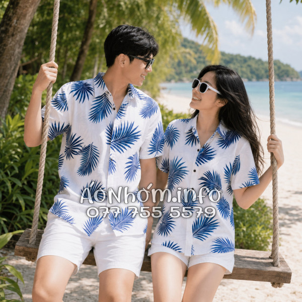 Áo Nhóm Đi Biển Vải Đũi Họa Tiết Lá Cọ Xanh Navy - ATD024