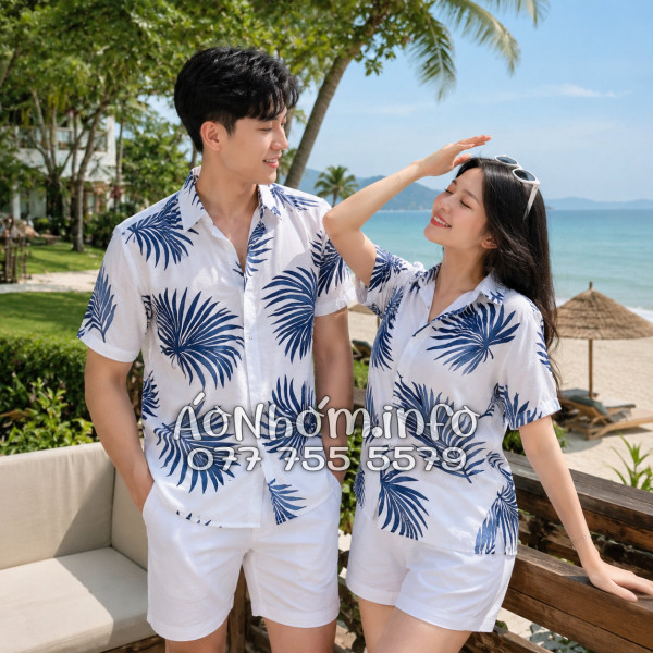 Áo Nhóm Đi Biển Vải Đũi Họa Tiết Lá Cọ Xanh Navy - ATD024