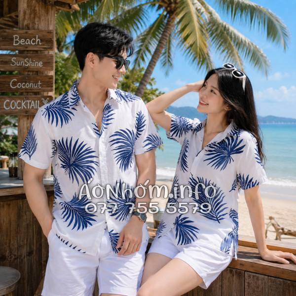 Áo Nhóm Đi Biển Vải Đũi Họa Tiết Lá Cọ Xanh Navy - ATD024