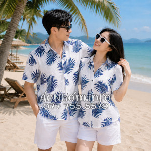 Áo Nhóm Đi Biển Vải Đũi Họa Tiết Lá Cọ Xanh Navy - ATD024