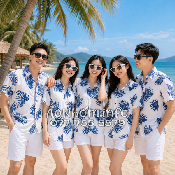 Áo Nhóm Đi Biển Vải Đũi Họa Tiết Lá Cọ Xanh Navy - ATD024