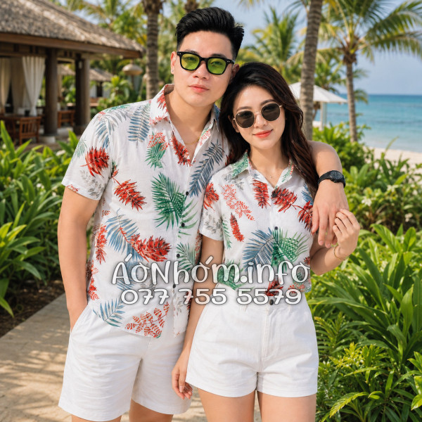 Áo Nhóm Đi Biển Vải Đũi Họa Tiết Lá Đỏ Xanh Tropical - ATD026
