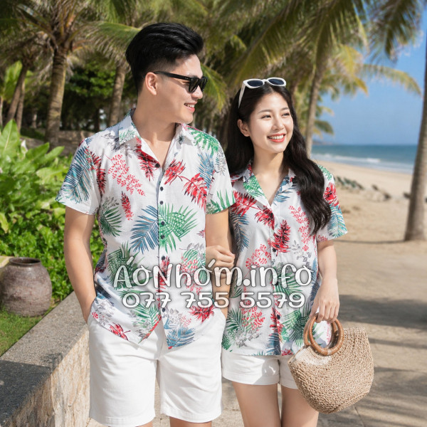 Áo Nhóm Đi Biển Vải Đũi Họa Tiết Lá Đỏ Xanh Tropical - ATD026