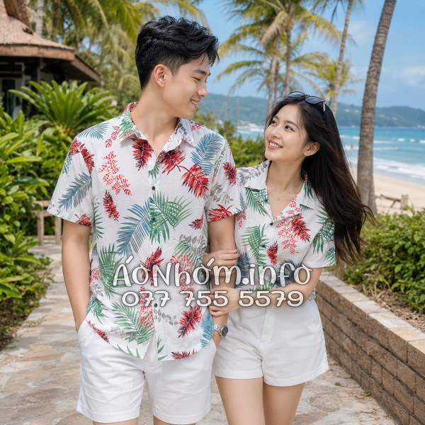 Áo Nhóm Đi Biển Vải Đũi Họa Tiết Lá Đỏ Xanh Tropical - ATD026