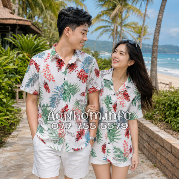 Áo Nhóm Đi Biển Vải Đũi Họa Tiết Lá Đỏ Xanh Tropical - ATD026