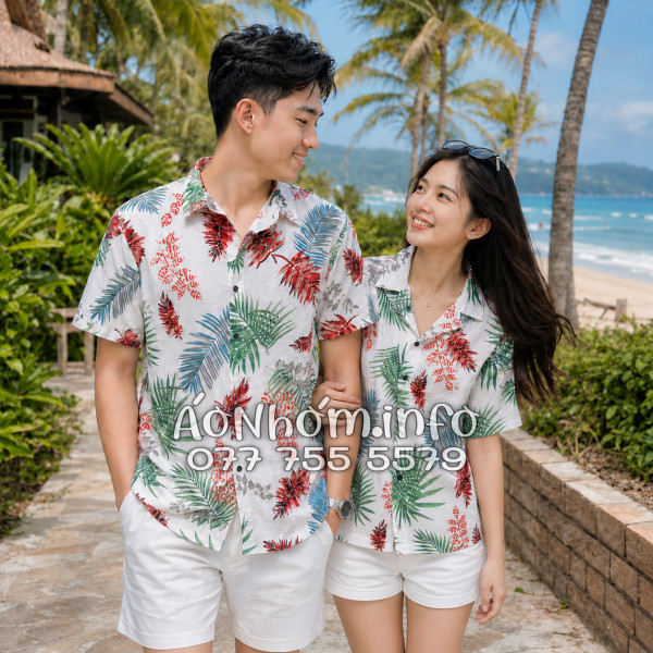 Áo Nhóm Đi Biển Vải Đũi Họa Tiết Lá Đỏ Xanh Tropical - ATD026