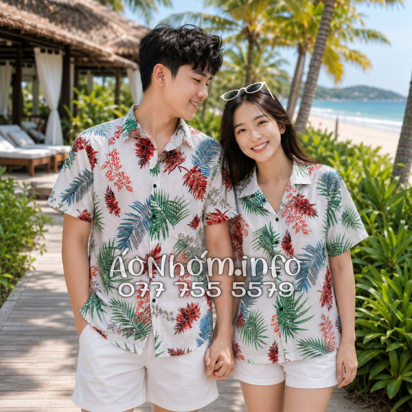 Áo Nhóm Đi Biển Vải Đũi Họa Tiết Lá Đỏ Xanh Tropical - ATD026