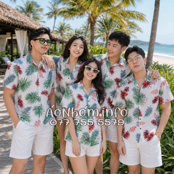 Áo Nhóm Đi Biển Vải Đũi Họa Tiết Lá Đỏ Xanh Tropical - ATD026