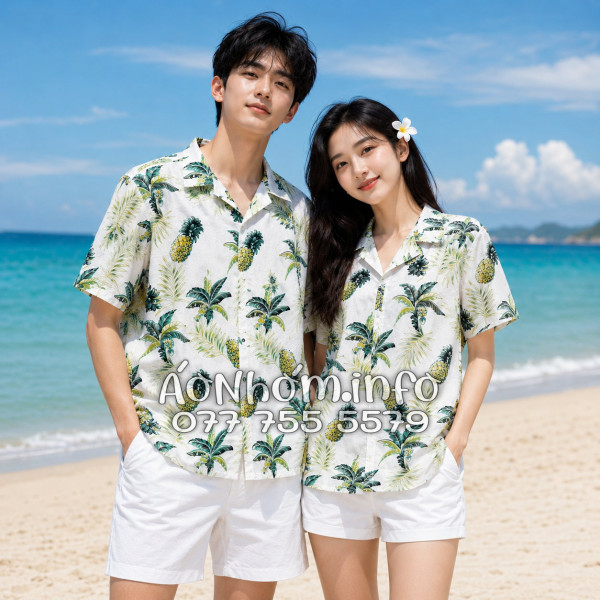 Áo Nhóm Đi Biển Vải Đũi Họa Tiết Thơm Dứa Cây Dừa Tropical - ATD031