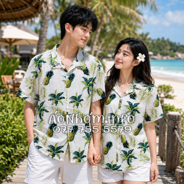 Áo Nhóm Đi Biển Vải Đũi Họa Tiết Thơm Dứa Cây Dừa Tropical - ATD031